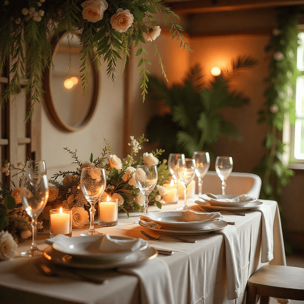 Elegant wedding photo zone with floral backdrop and soft lighting